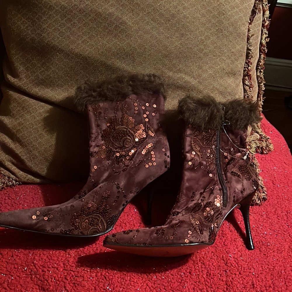 VINTAGE  90’s Suede booties with sequins and faux fur trim. Never worn.
